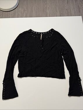 Free People Black Eyelet Lace-Up Long Sleeve Top 100% Rayon Size S/P